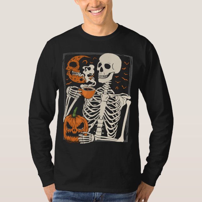 T-shirt Skeleton Boire Café Lover Halloween Crâne ML (Devant)