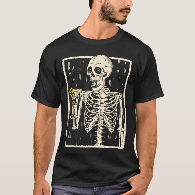 T-shirt Skeleton Boire Martini Tail Retro Halloween Cos (Devant)