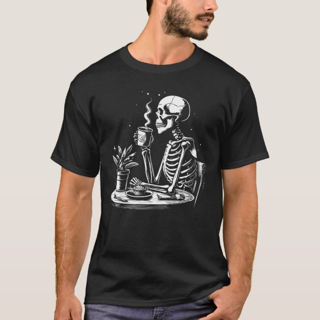 T-shirt Skeleton boit du café noir (Devant)