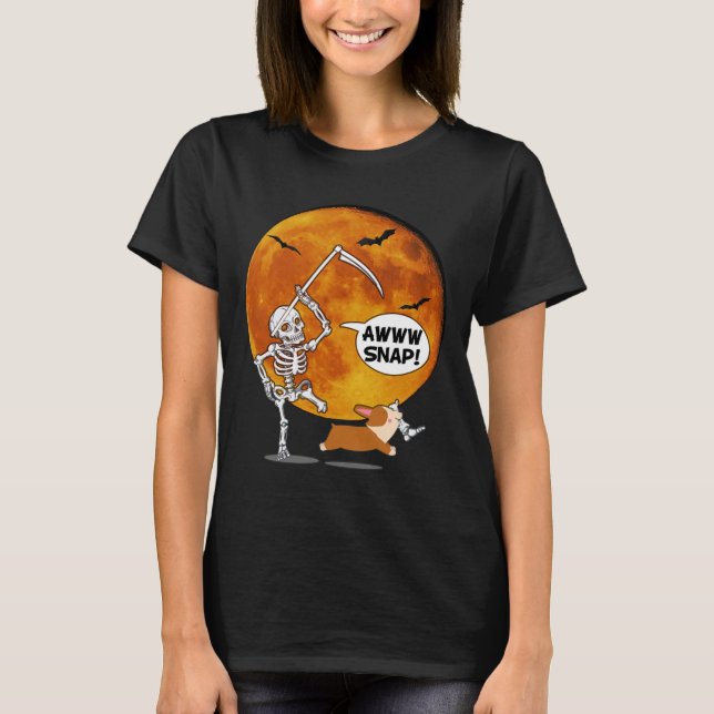 T-shirt Skeleton Brossé Jambe Halloween Corgi Reaper Scyth (Devant)