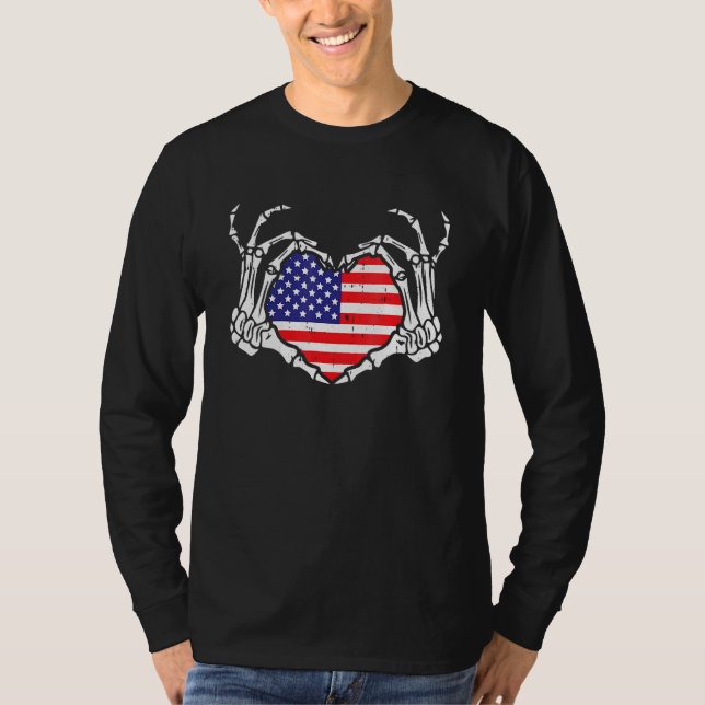 T-shirt Skeleton Coeur main 4 juillet Love American Flag (Devant)