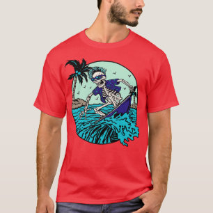 T-shirt Skeleton coloré Surfer à cheval une vague