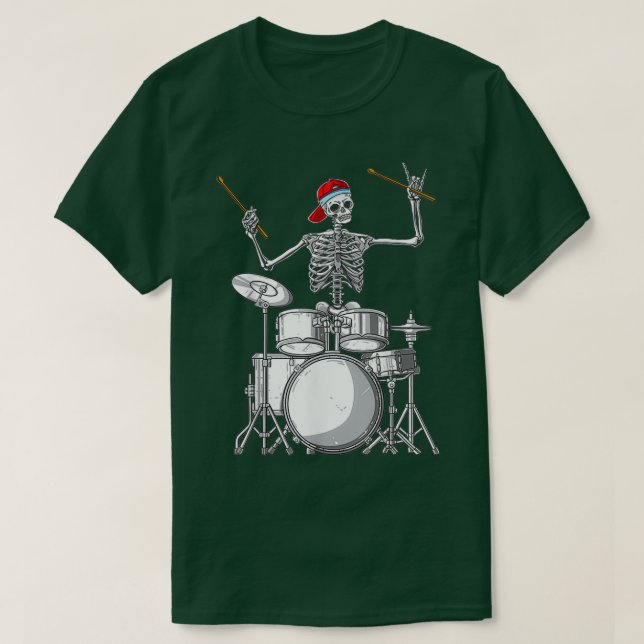 T-shirt Skeleton Drummer Halloween Costume Playing Drums  (Design devant)