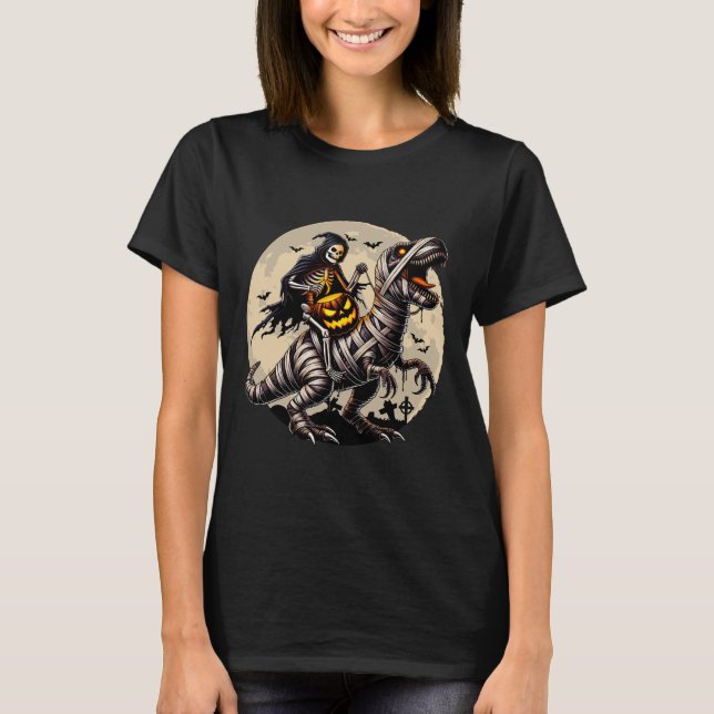 T-shirt Skeleton équitation maman Dinosaur T Rex Citrouill (Devant)