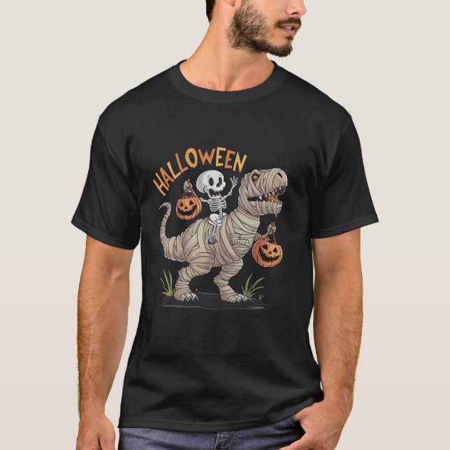 T-shirt Skeleton équitation maman Dinosaur T rex Halloween (Devant)