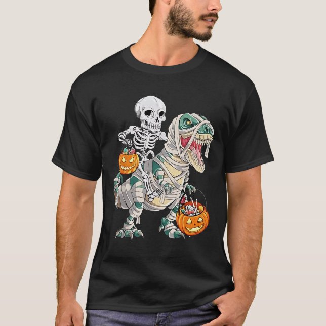 T-shirt Skeleton équitation maman Dinosaur T rex Halloween (Devant)