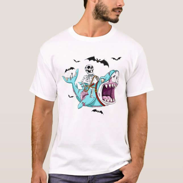 T-shirt Skeleton équitation Zombie Shark Funny Halloween c (Devant)