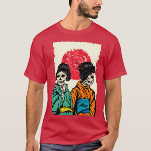 T-shirt Skeleton Geisha Girls in Rising Sun Kanji japonais