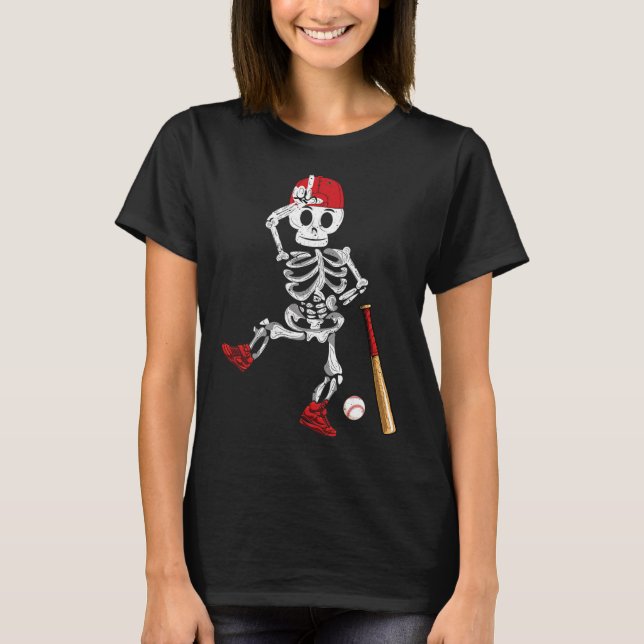 T-shirt Skeleton Halloween Drôle Skeleton Baseball Jouer (Devant)