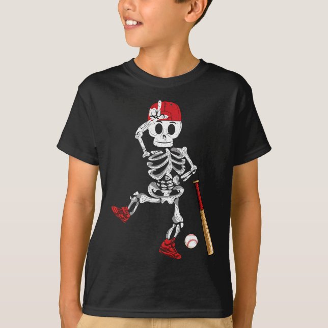 T-shirt Skeleton Halloween Drôle Skeleton Baseball Jouer (Devant)