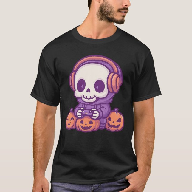 T-shirt Skeleton Halloween Skull Gamer Spooky Pumpkin game (Devant)