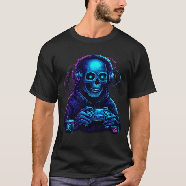 T-shirt Skeleton Halloween Skull Gamer Spooky Pumpkin game (Devant)