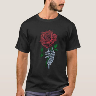 T-shirt Skeleton Hand Red Rose Flower