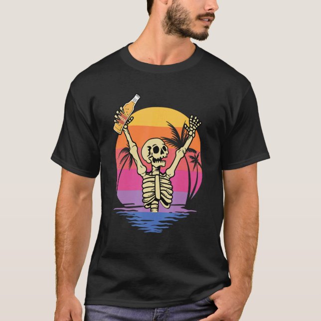 T-shirt Skeleton Hands Bière avec Sunset Retro Backg (Devant)