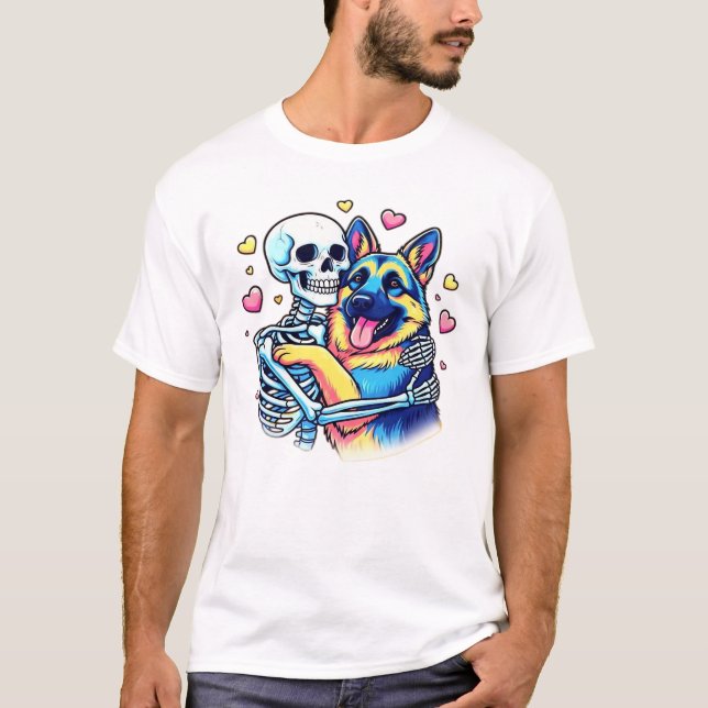 T-shirt Skeleton Hugging a German Shepherd � Unique Gothic (Devant)