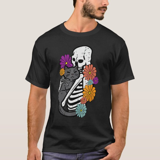 T-shirt Skeleton Hugging Black Cat Flowers Halloween Women (Devant)