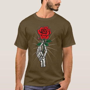 T-shirt Skeleton Main Rouge Rose Fleur Artistique Hallowee