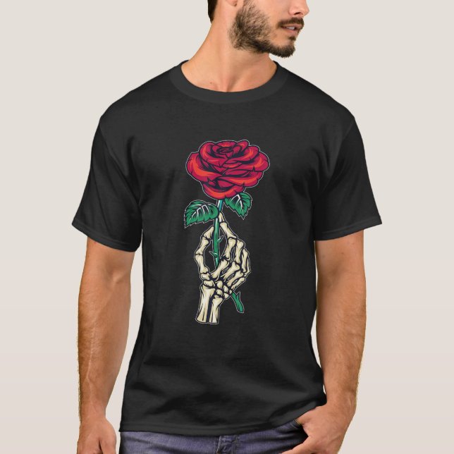 T-shirt Skeleton Main Rouge Rose Fleur Cadeau Stree esthét (Devant)