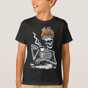 T-shirt Skeleton Messy Bun Café Boire Halloween Costu