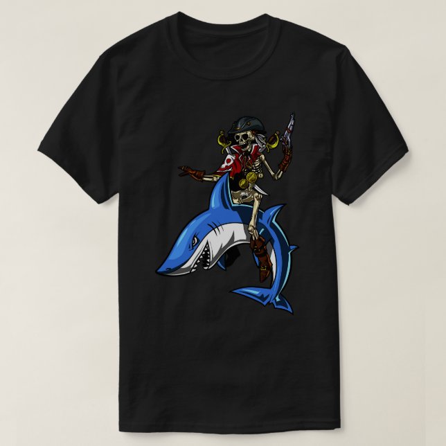 T-shirt Skeleton Pirate Riding Shark (Design devant)