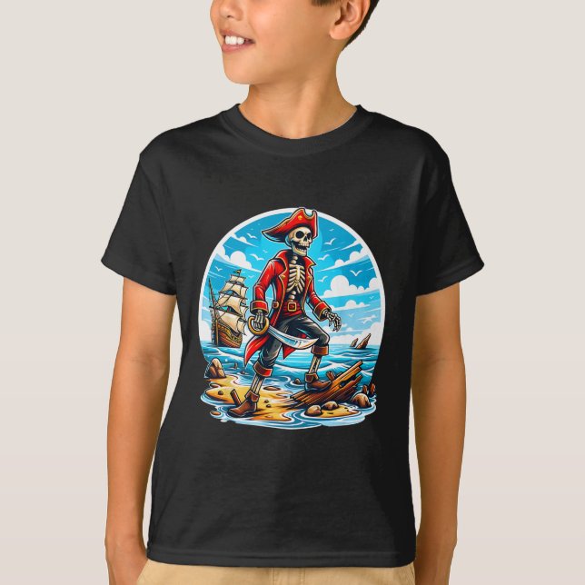 T-shirt Skeleton Pirate Tee Skull Halloween Skeleton Pirat (Devant)