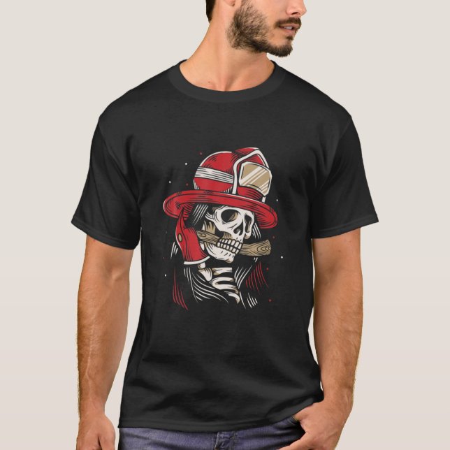 T-shirt Skeleton Pompier Lazy Costume Halloween Crâne (Devant)