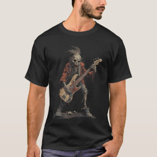 T-shirt Skeleton Punk Rocker Halloween Bass Guitar Rock N