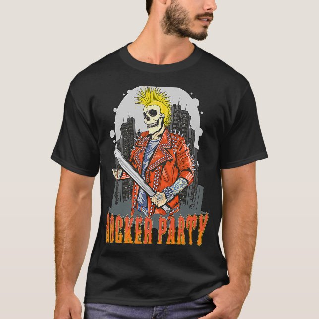T-shirt Skeleton Punk Skull Rocker Party Baseball bat Art (Devant)