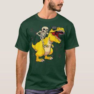 T-shirt Skeleton Riding Dinosaure Jaune Lazy Halloween Cos