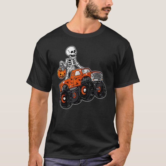 T-shirt Skeleton Riding Monster Truck Lazy Halloween Costu (Devant)