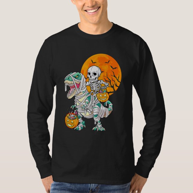 T-shirt Skeleton Riding Mummy Dinosaur Rex Halloween  Pump (Devant)