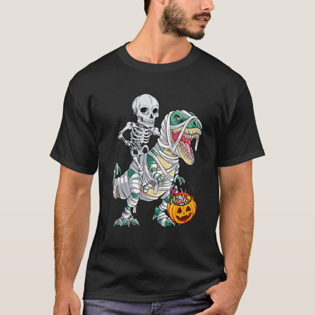 T-shirt Skeleton Riding Mummy Dinosaur rex Halloween  Pump (Devant)