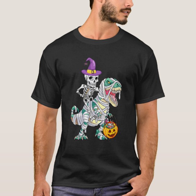 T-shirt Skeleton Riding Mummy Dinosaur Rex Halloween  Pump (Devant)