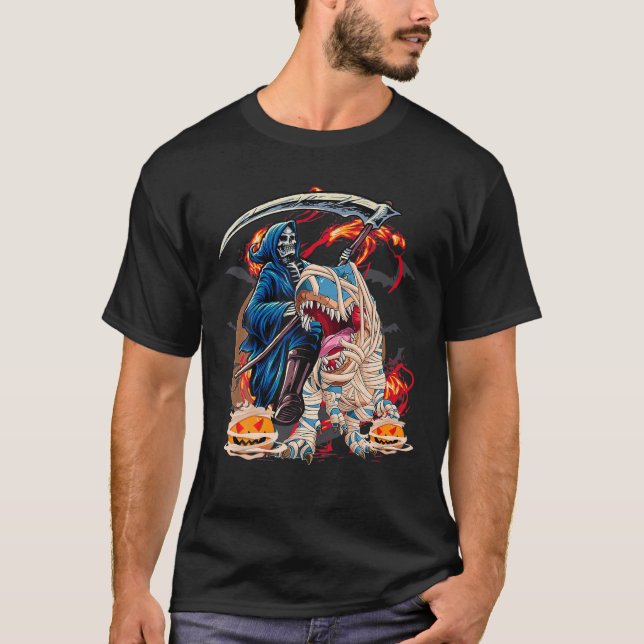 T-shirt Skeleton Riding Mummy Dinosaur T Rex Halloween Fun (Devant)