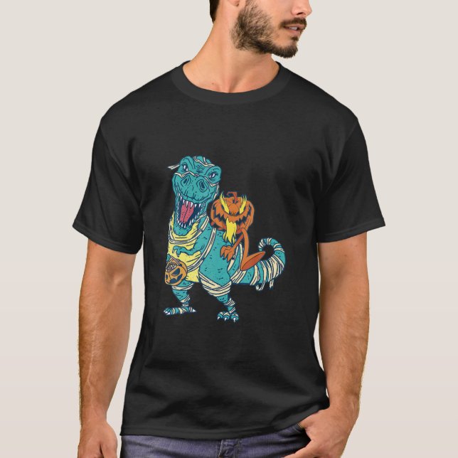T-shirt Skeleton Riding Mummy Dinosaur T Rex Halloween Fun (Devant)