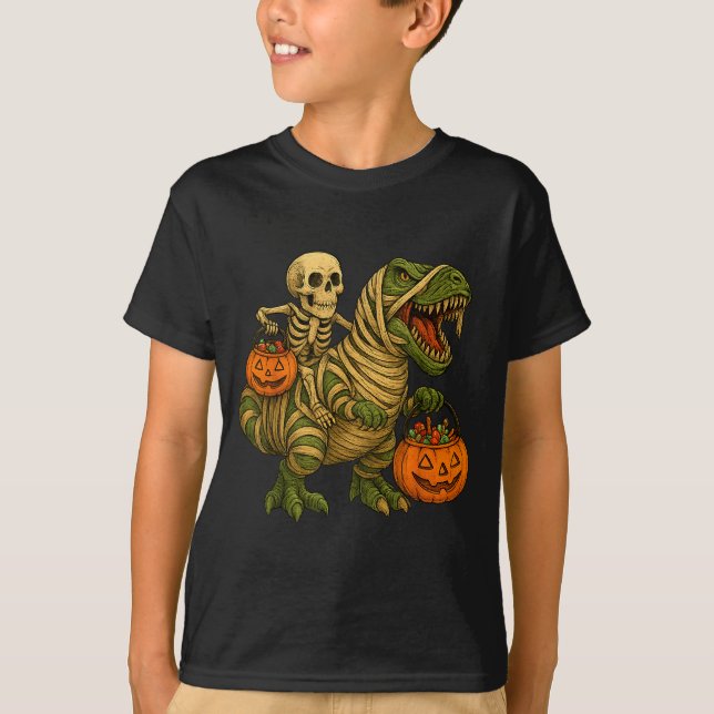 T-shirt Skeleton Riding Mummy Dinosaur T Rex Halloween Fun (Devant)