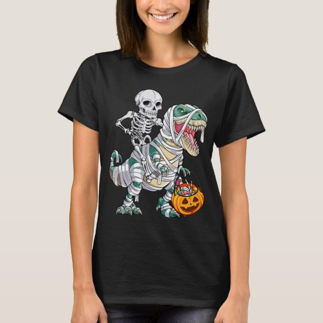 T-shirt Skeleton Riding Mummy Dinosaur T rex Halloween Kid (Devant)