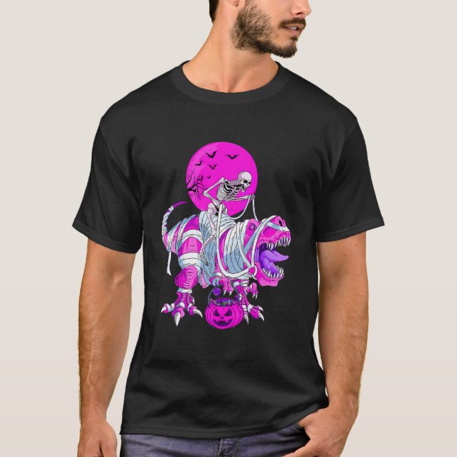 T-shirt Skeleton Riding Mummy Dinosaur T Rex Lift Citrouil (Devant)