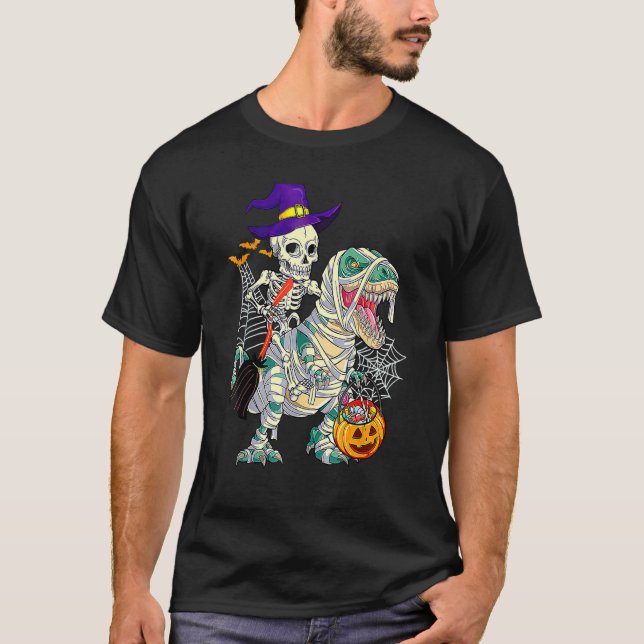 T-shirt Skeleton Riding Rex Dinosaur Pumpkin  Halloween Ki (Devant)