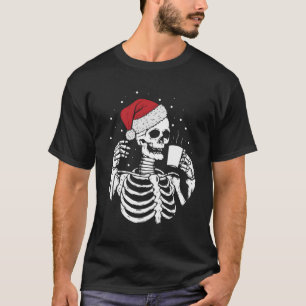 T-shirt Skeleton Santa Hat Boire du café Drôle Noël
