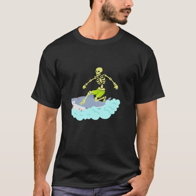 T-shirt Skeleton Surf Halloween Tee Zombie Shark Drôle (Devant)
