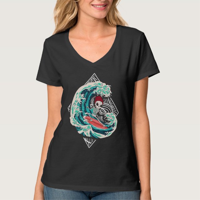 T-shirt Skeleton Surfer Waves Ocean Surfboard Surfing (Devant)