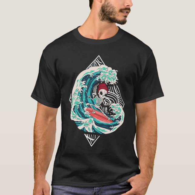 T-shirt Skeleton Surfer Waves Ocean Surfboard Surfing (Devant)