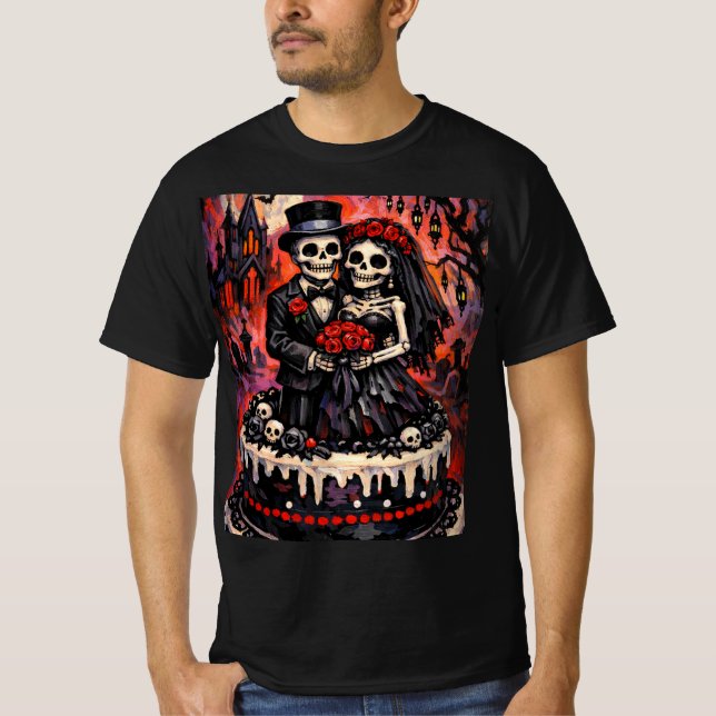 T-shirt Skeleton Wedding, gothic Lovers Embrace  (Devant)