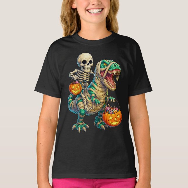 T-shirt Skeleton Whimsical équitation maman T-Rex Hallowee (Devant)