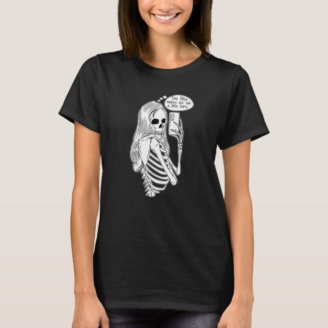 T-shirt Skeleton Woman with Cell Phone Taking Selfie Skull (Devant)
