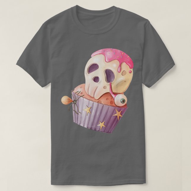 T-shirt Skeleton Yummy Frosted Cupcake Eyeball Star Spider (Design devant)