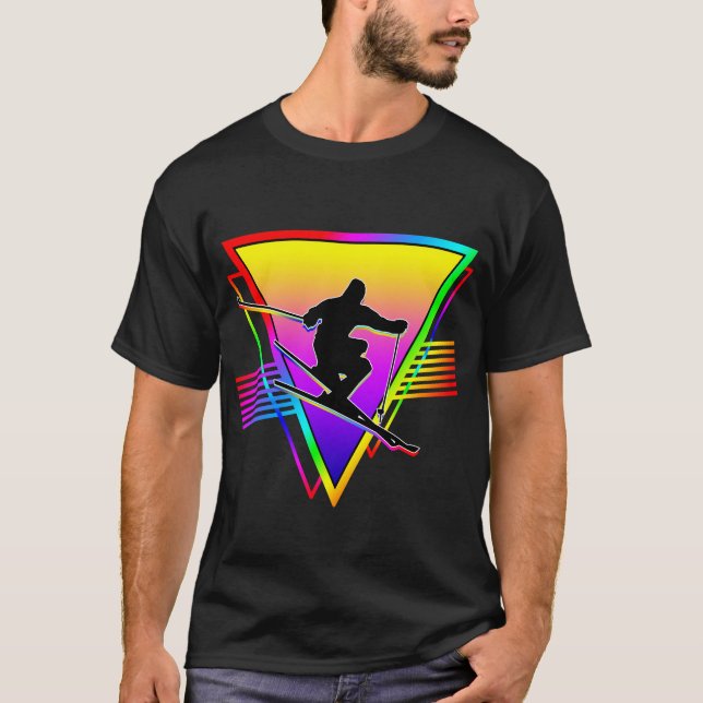 T-shirt Ski de couleur arc-en-ciel rétro (Devant)