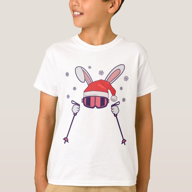 T-shirt Ski Père Noël Rabbit avec Santa Hat et bâtons de s (Devant)
