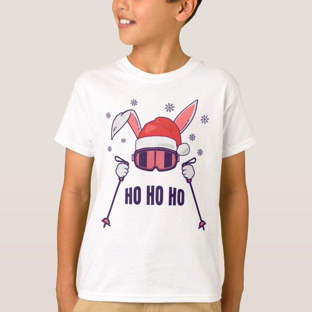 T-shirt Ski Père Noël Rabbit avec Santa Hat et bâtons de s (Devant)
